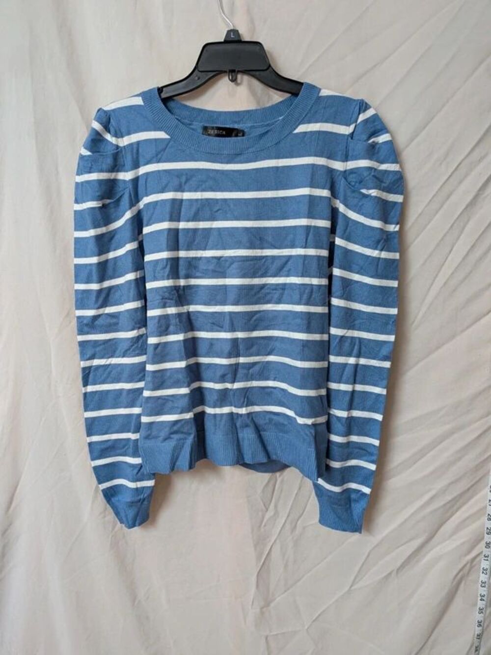 L blue and white striped long-sleeve knit sweater puff shoulders from Zesica